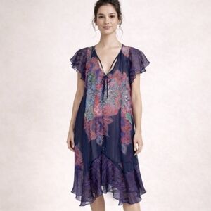 Maeve Anthropologie Loren Sheer Boho Kaftan Midi Dress Cover-Up Navy Floral XS